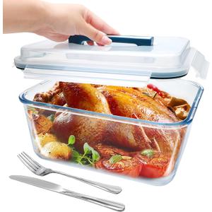 Large Glass Food Storage Container with Airtight Locking Lid ,Glass Food Storage Containers with Knife and Fork, 5600 ML / 189 oz /23 Cup - Storing Rotisserie Chicken, Food, Vegetables, Fruit