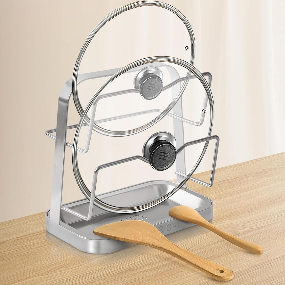 Pot Lid Holder While Cooking, 304 Stainless Steel Pot Lid Organizer and Spoon Rest for Stove top, Multifunctional Pot Lid Rack and Spoon Rest for Kitchen Counter