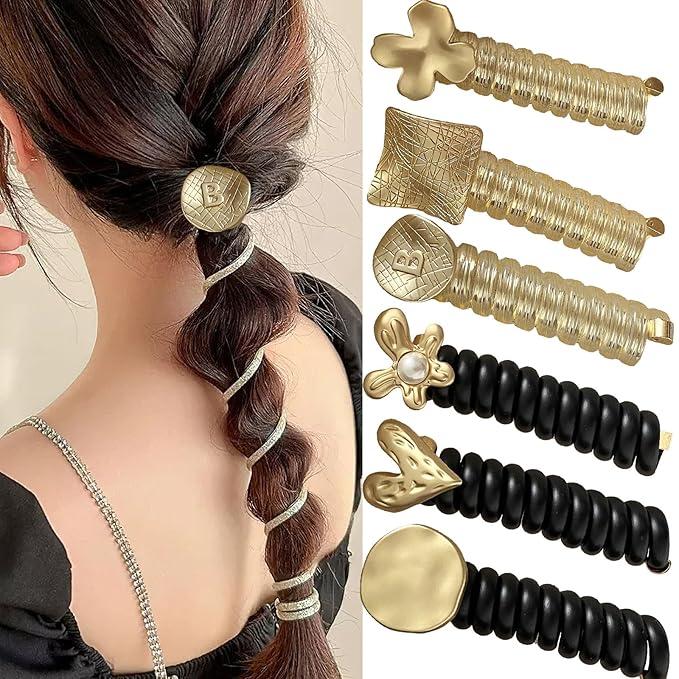 Pearl Braided Telephone Straight Spiral Hair Ties, Silver White Bead Swivel Phone Cord Straight Spiral Hair Ropes Ponytail Braids Fixed Elastic Accessory for Women(6PCS)