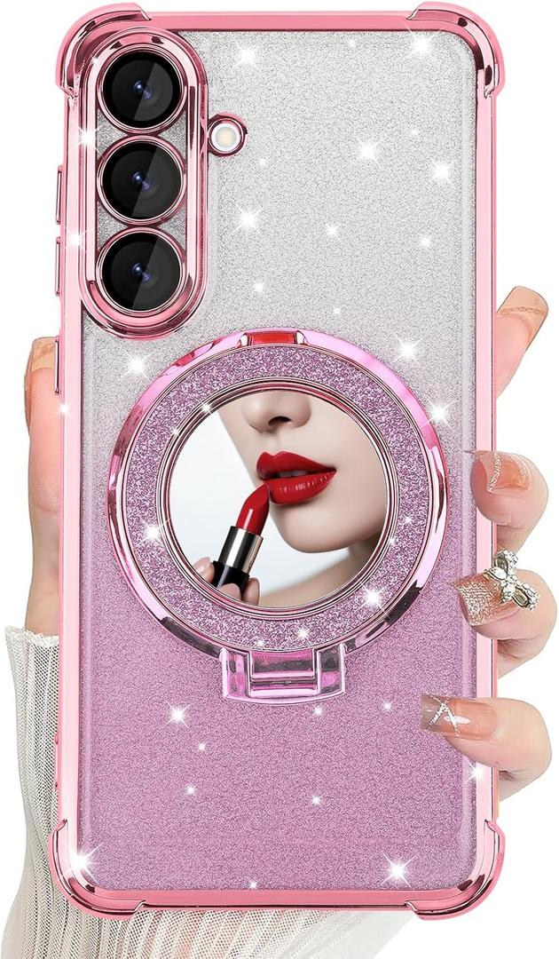 DAKORIE for Samsung Galaxy S25 FE Case Glitter with Mirror Shockproof Heavy Duty S25 FE Protective Cover for Galaxy S25 FE 5G 2025 - Pink