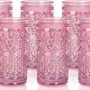 Darlion 6 Pack Pink Glassware Drinking, 12oz Highball Embossed Beverage Glass Cup, Vintage Drinking Glasses, Colored Water Glasses for Party Wedding Home Office and Gift