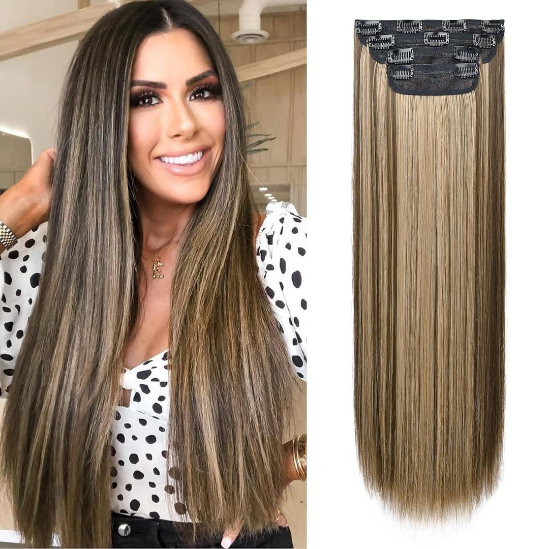 REECHO 24" Straight Long 4 PCS Set Thick Clip in on Hair Extensions Chocolate Brown with Blonde Highlights