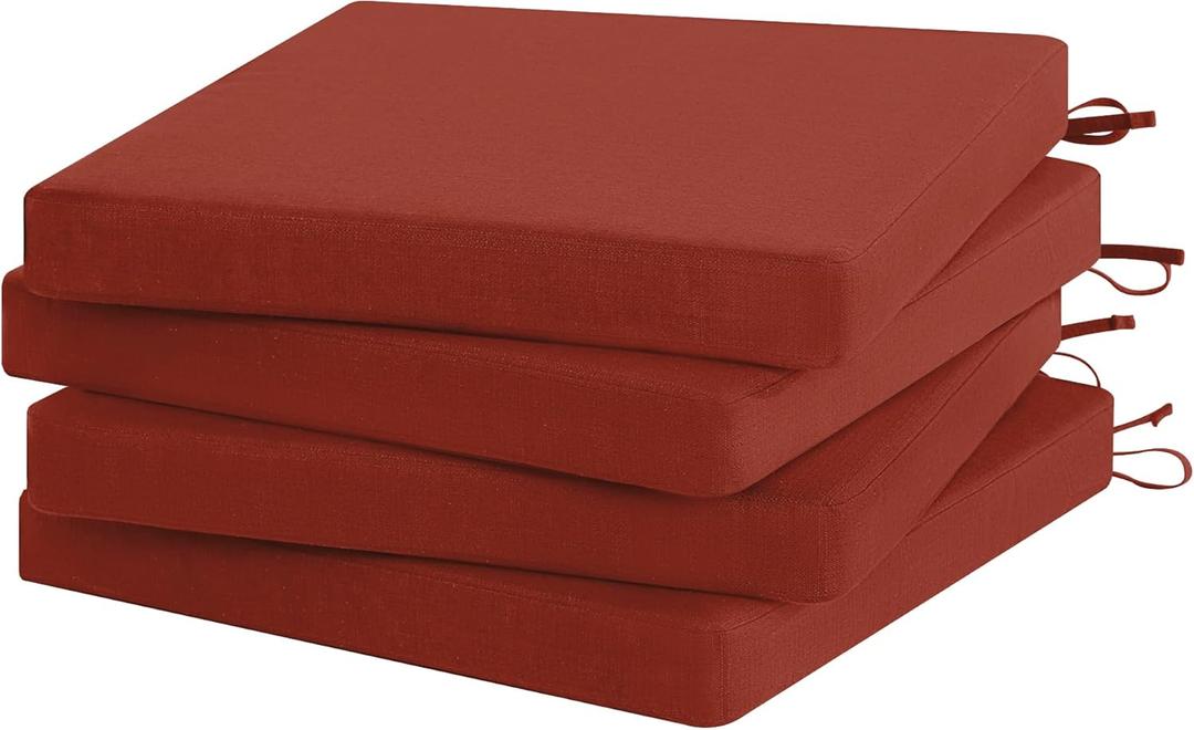 Favoyard Outdoor Chair Cushion Set of 4 Rainproof & Color Fade Resistant 19 x 19 x 2 in Square Corner Patio Furniture Cushions with Waterproof Hidden Zipper Attach Ties for Dining Table Chairs Seats (Red)