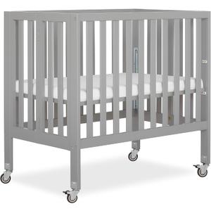 Dream On Me Jett Mini Folding Baby Crib in Pebble Grey, GreenGuard Gold & BSA, Lightweight & Portable, Patented Flat Folding System, Small Spaces & Travel, 1.5 Mattress Pad, 3 Heights, Safe Wheels