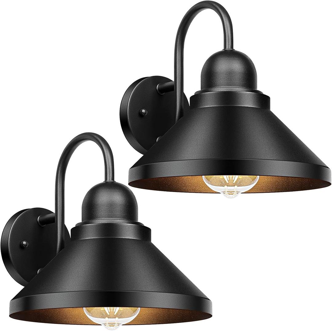 Brightever Gooseneck Outdoor Wall Sconces, 2-Pack Large 10.23IN Farmhouse Barn Lights for Porch, Industrial Black Exterior Wall Lights for Garage, Patio, E26 Base Anti-Rust, Bulb not Included