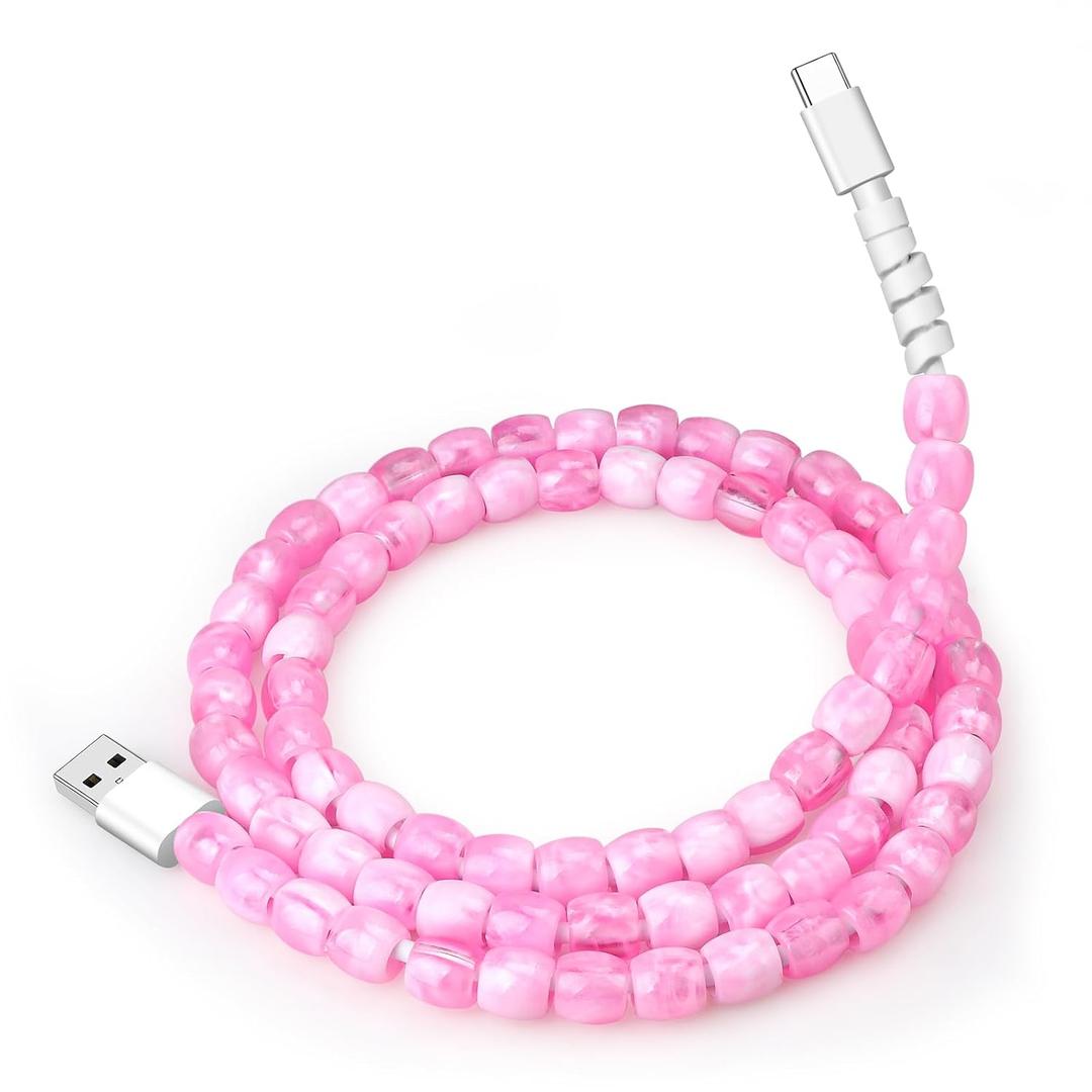 for iPhone Beaded Charging Cord 66W Fast Charger USB to Type C Cord 3.3FT Stylish Durable Beaded Phone Charge Cable for Girls Women iPhone 17/17Pro/17Pro Max/16Plus iPad Airpods Car Charger Pink