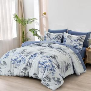Dinjoy King Size Comforter Set, 7 Piece King Size Bed in a Bag, Blue Lightweight Comforter King, Bed Sets King, Flower Bedding Sets with Comforter, Fitted & Flat Sheets, Pillowcases & Pillow Shams