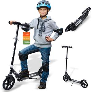 Kick Scooter for Kids Ages 6+, Teens & Adults, Adjustable Handlebars, Rear Brake, Big Wheel Foldable Scooter for Indoor & Outdoor (Black)
