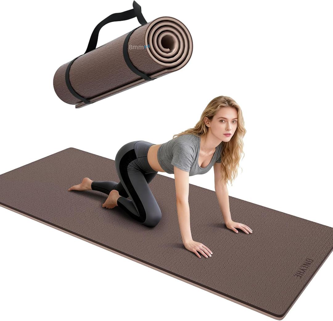 Yoga Mat Thick8mmExercise Mat Non Slip Anti-tear,Pilates Mat for Men and Women,Workout Mats for Home,Barefoot Workouts and Floor Exercise,with Carrier Strap(71"x 24" ) (Light coffee + apricot)