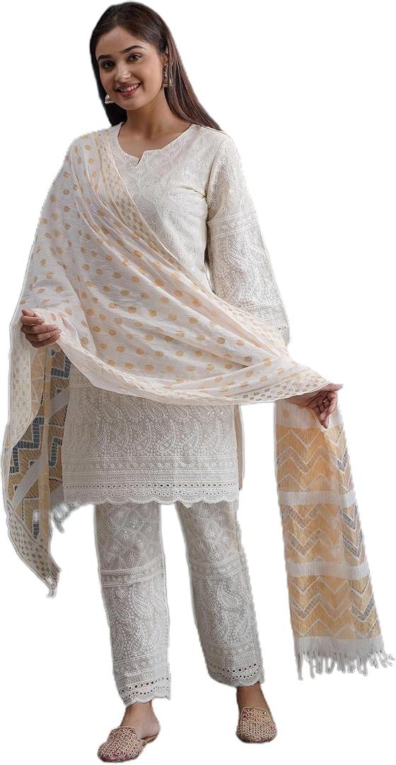 Chikankari Kurtis for Women Pakistani Salwar Kameez Suit Set Indian Dresses White Kurti Pant & Dupatta Set (Large)