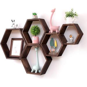 WONFUlity Hexagon Shelves for Wall Mounted, Wood Farmhouse Storage Honeycomb Floating Shelves for Wall Decor,Screws Anchors Included,5pc