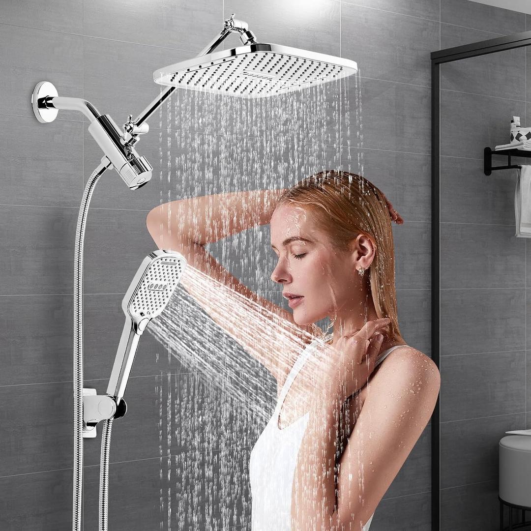 12" Rain Shower Head with Handheld Spray, Rainfall Shower Head with Handheld Combo, 11" Stainless Steel Extension Arm with Height & Angle Adjustable High Pressure Showerheads, Chrome