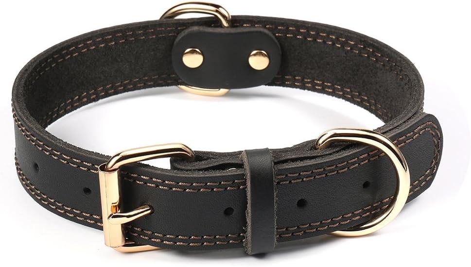 Dog Collar, Genuine Leather Heavy Duty Dog Collar for Small, Medium, Large and Extra Large Dogs (L: 1.2" Wide for 16.2"-22" Neck, Dual Stitch - Black)