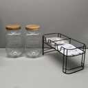 1 Gallon Glass Drink Dispensers with Wood Lid, 2 Pack Clear Beverage Dispenser with Stand and Spigot for Parties, Lemonade Dispenser with Markers and Chalkboard for BBQ, Picnic