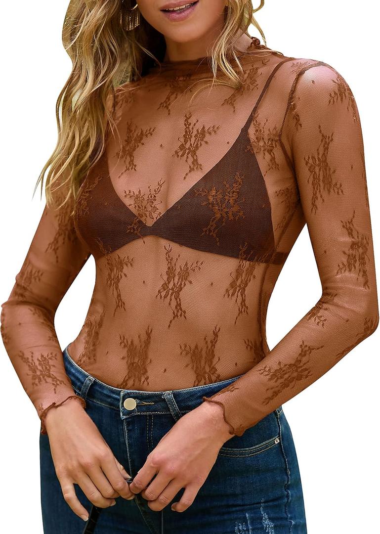 MEROKEETY Womens Mesh Sheer Lace Long Sleeve Tops 2026 See Through Mock Neck Shirt Fashion Blouses Date Night Outfit Clothes (Brown, S)