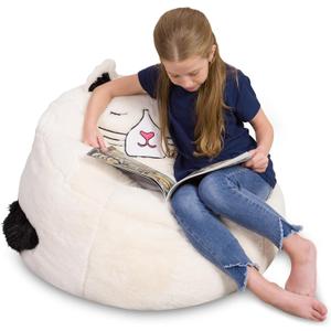 Posh Creations Cute Soft and Comfy Bean Bag Chair for Kids, Large, Animal - Ivory Cat