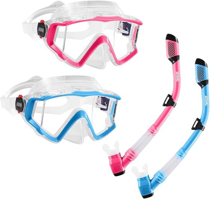 Aegend Snorkeling Gear for Adults Youth Kids, Snorkel Mask with Top Dry Valve - Panoramic View Anti-Leak and Anti-Fog with Mesh Bag for Snorkeling, Scuba Diving, Freediving & Swimming 2 PACK 