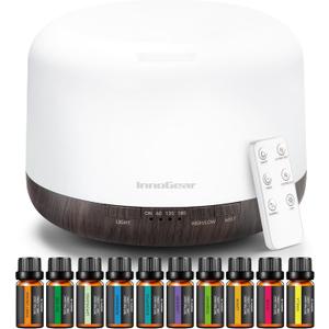 InnoGear Aromatherapy Diffuser & 10 Essential Oils Set, 500ml Essential Oil Diffuser with Remote Control Ultrasonic Cool Mist Scent Humidifier Vaporizer Auto-Off Timer for Room Office Home, Brown