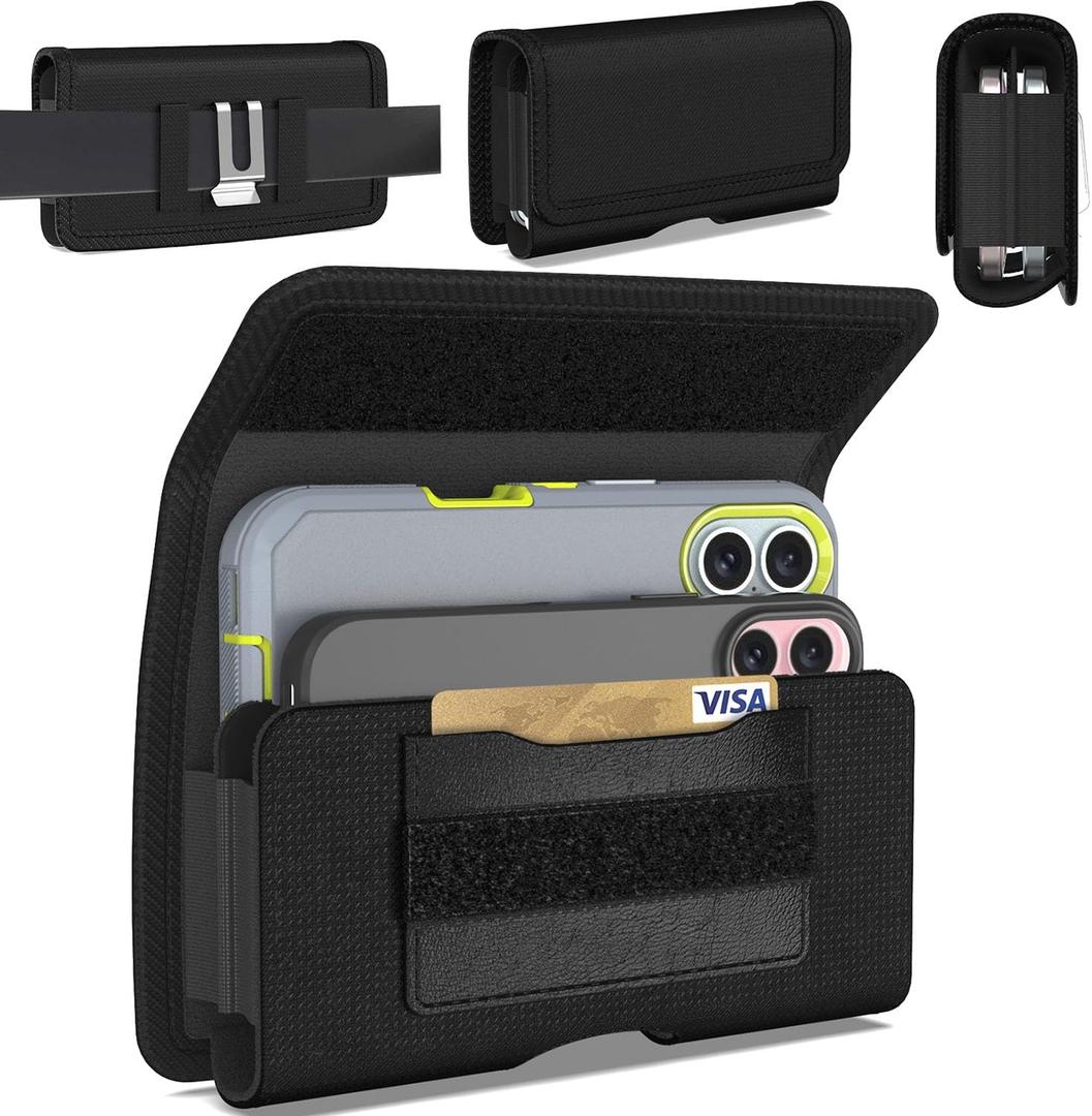 CoverON Dual Cellphone Holster Pouch for Apple iPhone 16 Pro max 16+ Plus/15+ 15 Pro Max/ 14 13 12 11 Plus Pro Max, Fit 2X Cell Phone Case Belt Clip Carrying Nylon Pouch (Fits Otterbox or Any Case)