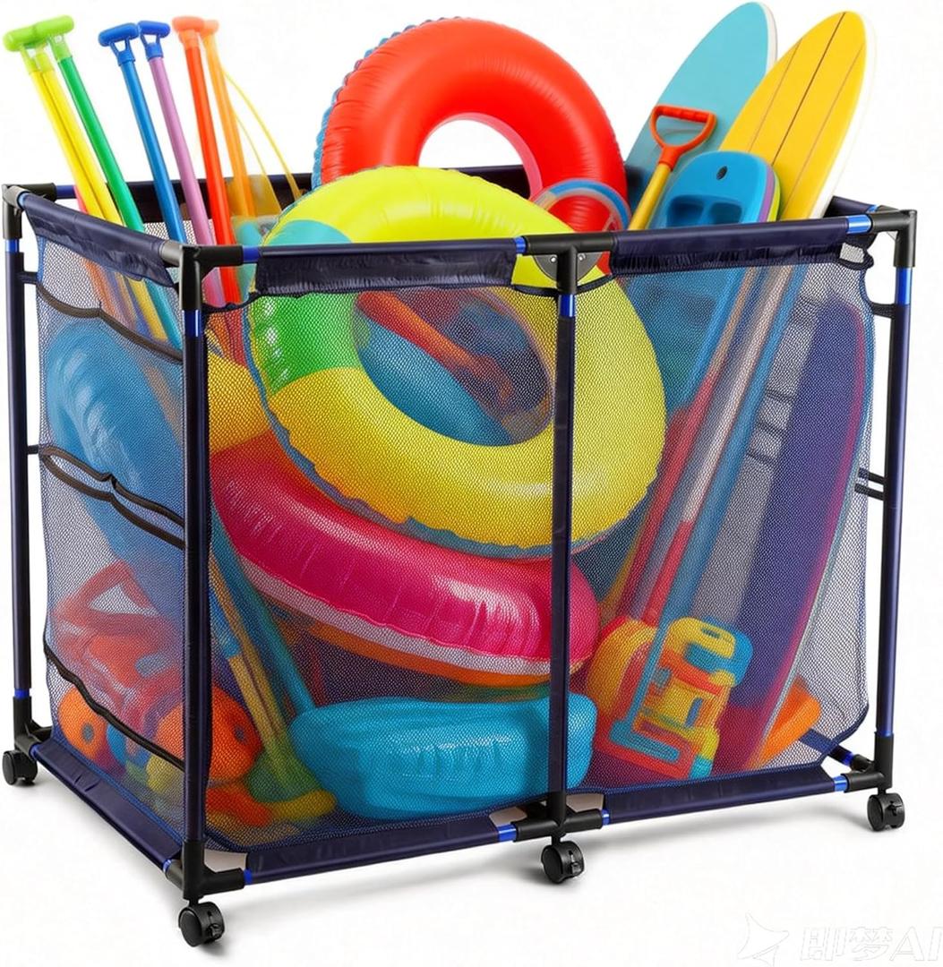 Pool Storage Cart Organizer with Nylon Mesh Basket, Rolling Storage Bin for Pool Accessories and Beach Towels Large Capacity, 2 Grids, 50" L x 30" W x 34" H, Blue