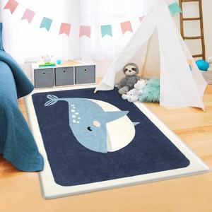 Kids Soft Play Mat - 3'x5' Non Slip Cute Animals Nursery Rug for Kids Room, Bedroom, Living Room, Bathroom (Blue Whale, 35"x59")