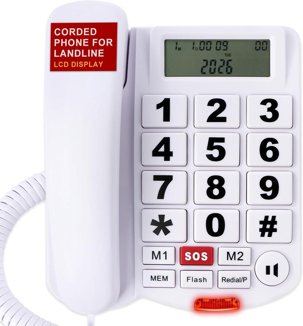 Big Button Phone for Seniors, Uvital Corded Landline Phone with Caller ID, 2 One-Touch Buttons and SOS Emergency Button, Hands-Free, Loud Ringer, Senior Landline Phones for Home/Office/Hotel, White