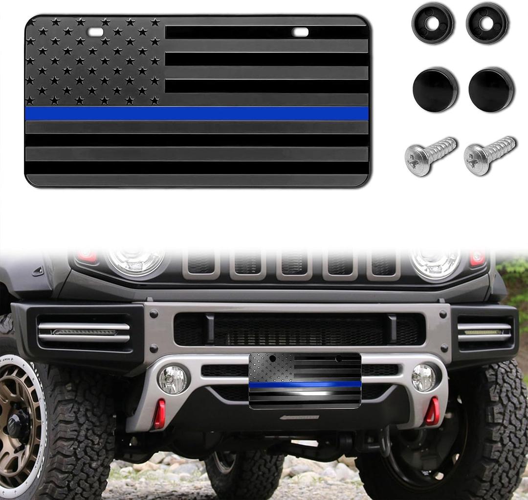 American Flag License Plate, Aluminum 3D Metal Embossed License Plate with USA Flag, Patriotic Embossed License Plate Bracket Frame Holder, 6 x 12 Inch (Black+Blue)