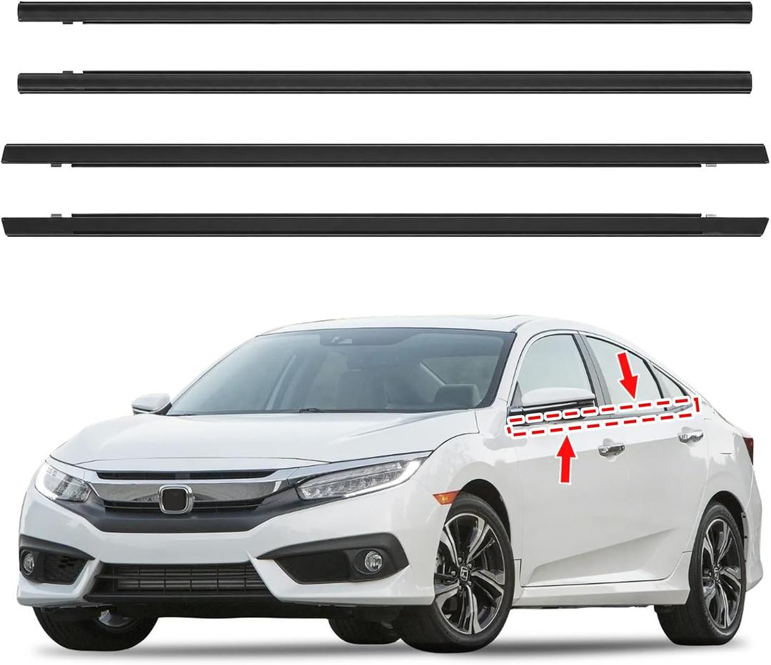 4Pcs Car Outer Door Window Trim Seal for 2016-2021 Honda Civic 4 Door Sedan | Window Weatherstrip Molding Trim Seal Belt, Replaces Part Numbers 72450-TEA-T01, 72410-TEA-T01, 72950-TEA-T01, 72910-TEA-T01
