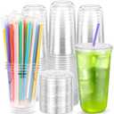 Etersky 100PCS 20 oz Clear Plastic Cups with Lids and Colorful Straws, Round Bottom Disposable To Go Coffee Smoothie Juice Bubble Tea Cups, PET Party Cups for Holiday, Birthdays, Picnics, Christmas