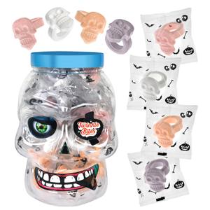 30 Pack Halloween Ring Candy - Individually Wrapped Holiday Themed Skull Candys Packed in a Skull Jar  Trick Or Treat Strawberry And Tutti Frutti Delicious Candys - Bulk Halloween Suckers Great Use, For Kids, Trick Or Treat, Party Favor, Classrooms, Goodie Bags (EXP 06/18/27)