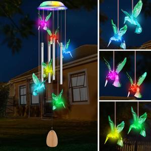 Solar Wind Chime with 4 Aluminum Tubes Hummingbird Solar Wind Chimes Outdoor Waterproof Wind Chimes for Home Garden Decor 7-Color Changing (Green)