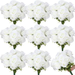 Zeyune White Artificial Wedding Roses Bulk, 8 Bouquets (56 Heads) Silk Bridal Bouquet Flowers for DIY Wedding Centerpieces Bridesmaid Decor, 17.3 Inch