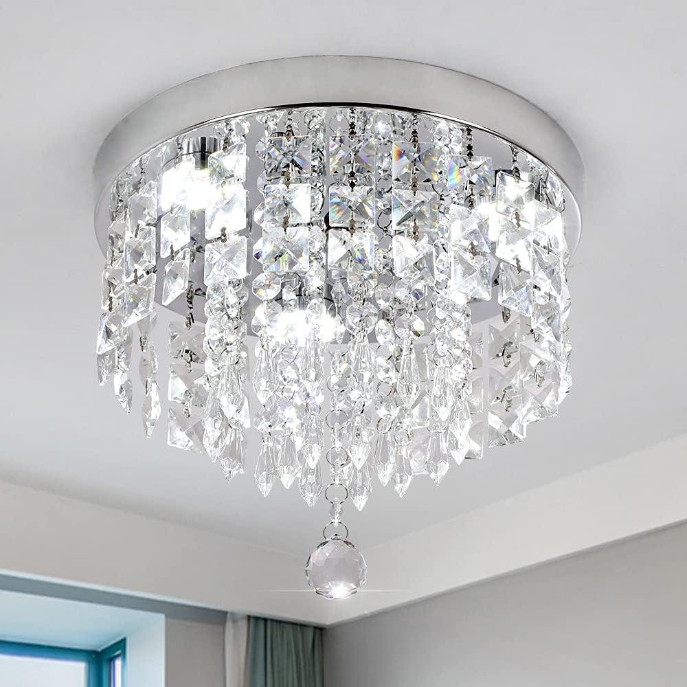 Deckrico Crystal Chandelier Modern Led Ceiling Light Flush Mount Stainless Steel Fixture Beaded Light Shade for Bedroom Dining Room Hallway Porch (White Light)