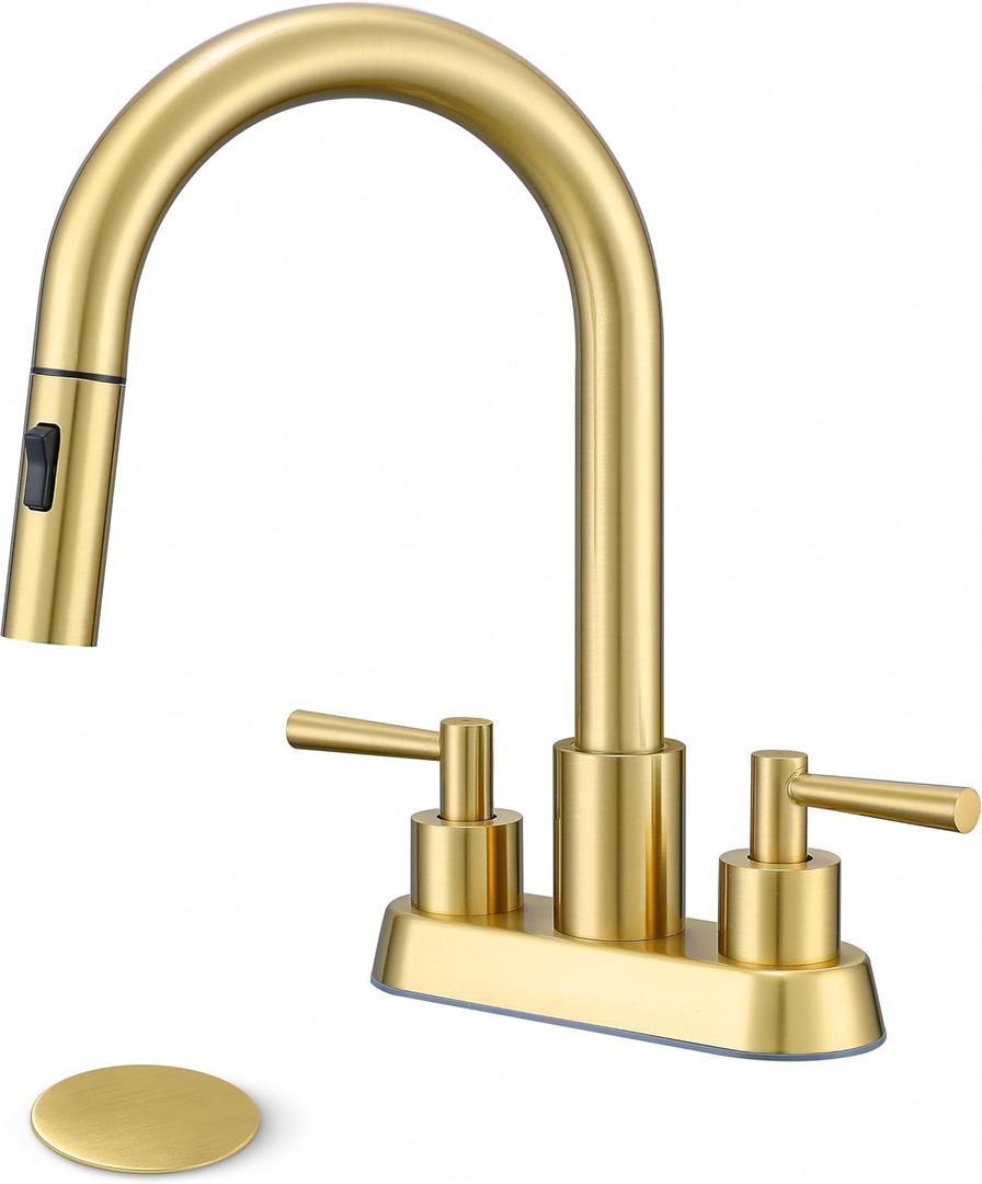 Bathroom Faucet with Pull Out Sprayer, Brushed Gold Bathroom Faucet 3 Holes, 2 Handle Bathroom Sink Faucet with 360 Degree Swivel Spout, Pop Up Drain Assembly Included