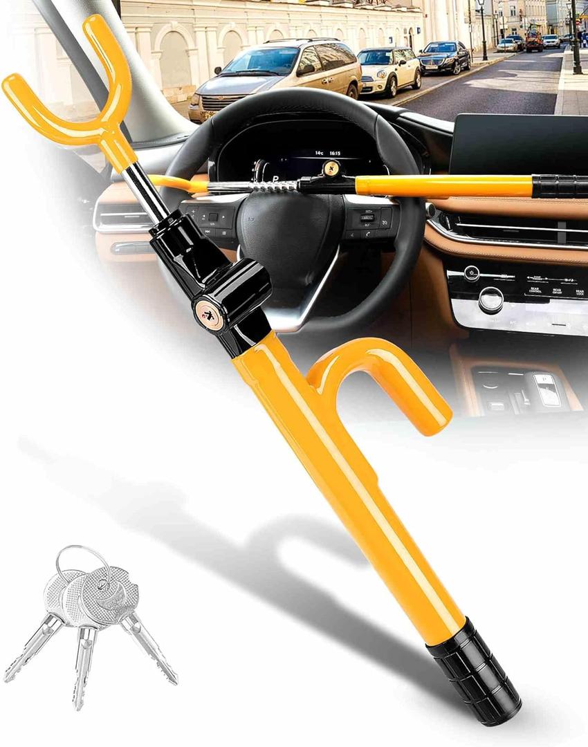 Tevlaphee Steering Wheel Lock - Anti Theft Device with Adjustable Car Wheel Lock, 3 Keys (Yellow)