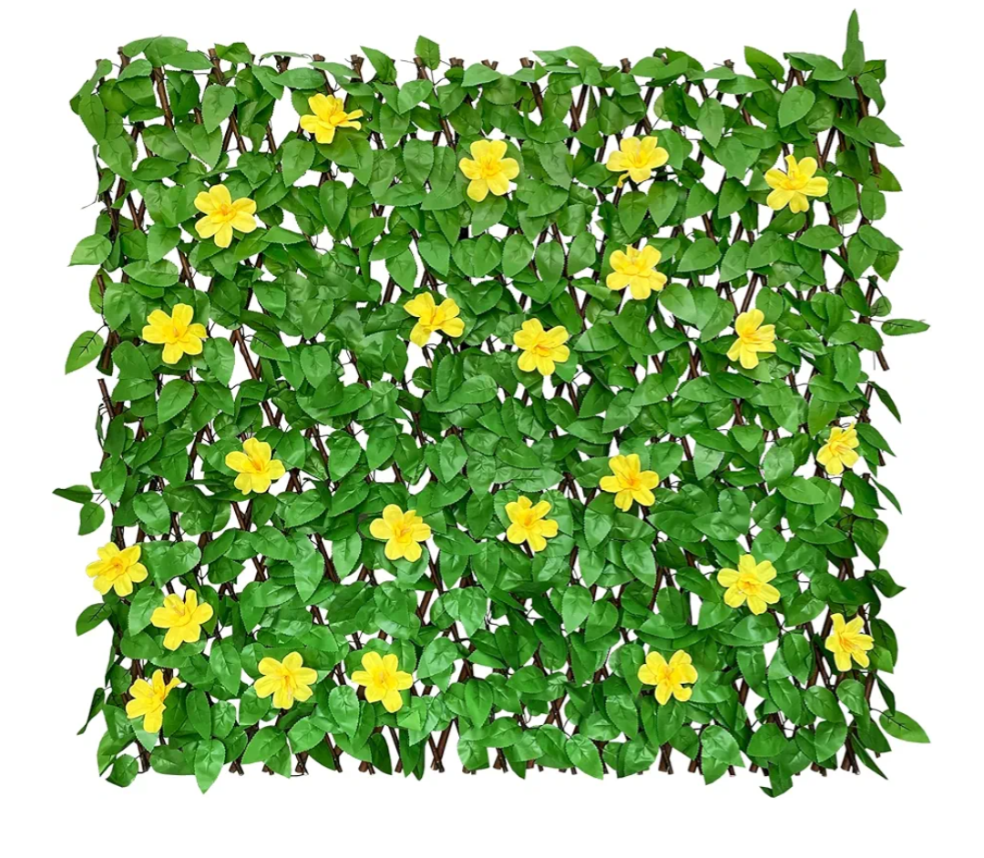 Expandable Fence Privacy Screen for Balcony Patio Outdoor,Decorative Faux Ivy Fencing Panel,Artificial Hedges (Single Sided Leaves) (4, Yellow Flowers) 45"L X 12"W