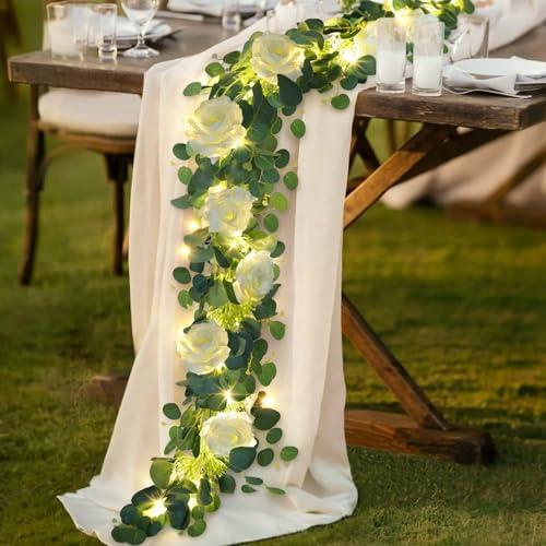 MACTING 6.6FT Flower Garland with Lights - Spring Gypsophila Eucalyptus Garland with 12 White Roses Artificial Floral Greenery Vine for Arch Table Centerpieces Backdrop Party Wedding Decorations