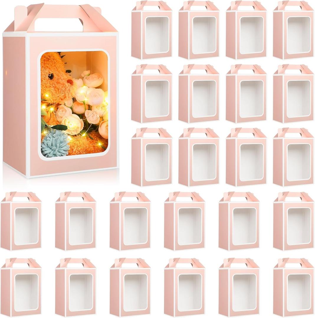 Kosiz 24 Pcs Mother's Day Box with Clear Window Cajas Transparentes Para Regalos 9.8 x 7 x 5.1 Gift Box Candy Bouquet Treat Goodie Bags with Handles for Bridal Shower Birthday Party(Pink, White)