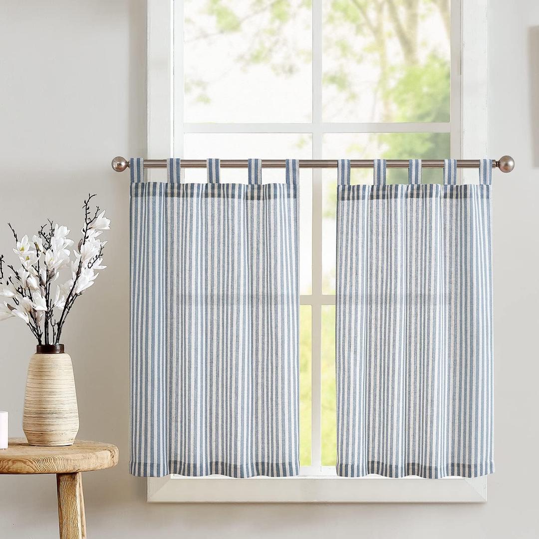 jinchan Tab Top Linen Kitchen Curtains 36 Inch Striped Tier Curtains Ticking Stripe Small Drapes for Living Room Bathroom Cafe Small Window Farmhouse Rustic Pinstripe Rod Pocket 2 Panels Blue