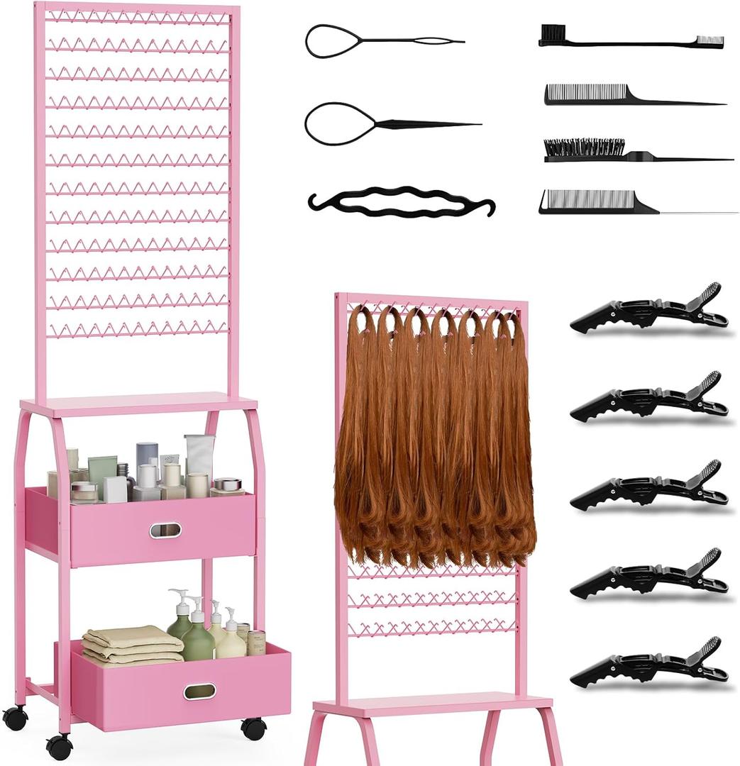 Portable Braiding Hair Rack with Wheels & Storage Drawers,2-Sided 288 Pegs,Hair Extension Holder Hanger for Braiding Hair Separator Stand Display,Hair Rack with Stylist Hair braiding ToolsPink