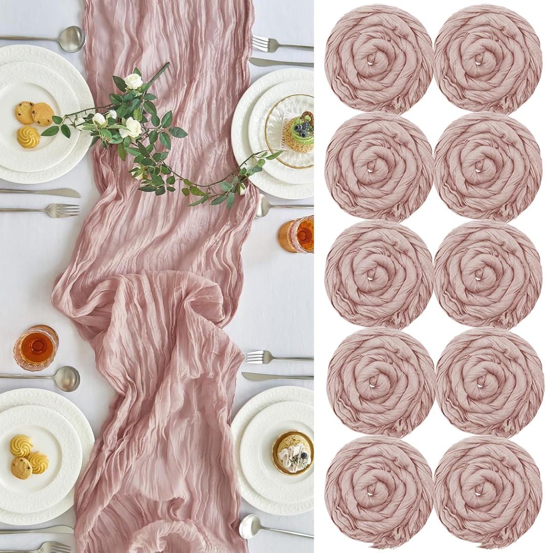 IVAPUPU 10 Pcs Cheesecloth Table Runner - 10ft Dusty Pink Easter Spring Boho Gauze Cheese Cloth Table Runners for Baby Shower Decoration Wedding Party Summer Garden Farmhouse