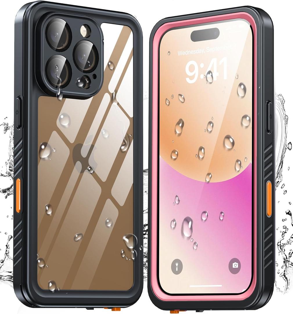 ANTSHARE for iPhone 16 Pro Case, Waterproof Built-in Screen Protector, [12 FT Military Drop Proof] [Full Body Shockproof] [Dustproof] [IP68 Underwater] Phone Case for iPhone 16 Pro 6.3''- Pink/Clear