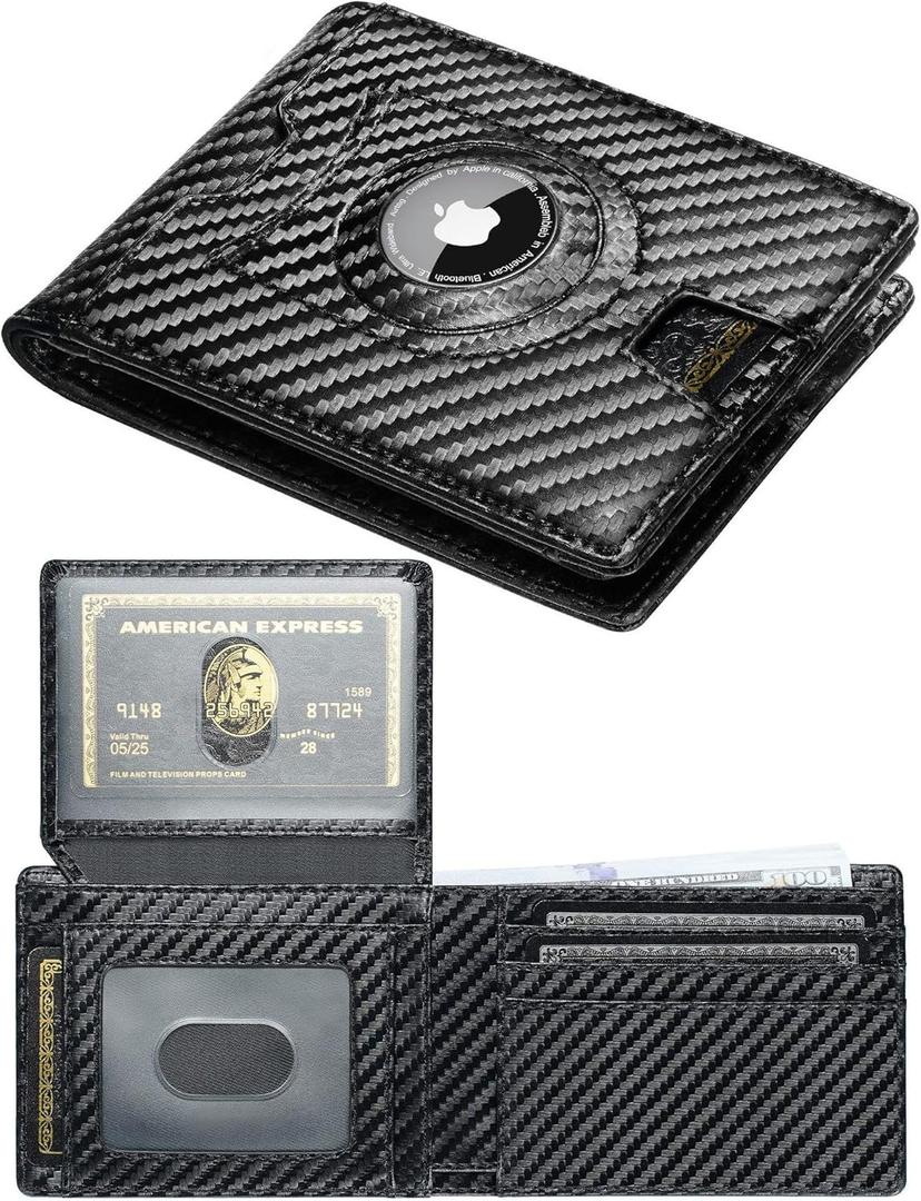 furid Air Tag Wallet Men Slim: Minimalist 2 ID Window RFID Leather Wallets with Airtag Holder - Gifts for Husband Father at Birthday Anniversary (Black Carbon)