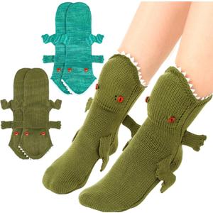 Geyoga 2 Pairs Novelty Animal Socks Knit Dinosaur Sock Christmas Gift for Adults 3D Crocodile Animal Eating Foot Floor Socks Creative for Winter Home Men Women Gifts