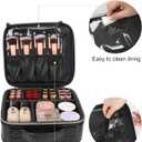 Relavel Makeup Bag, Travel Cosmetic Train Case Organizer Portable Artist Storage Bag with Adjustable Dividers for Cosmetics Makeup Brushes Toiletry Jewelry Digital Accessories Quilted Leather Black