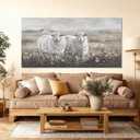YETHEN WAL Extra Wide Panoramic Country Meadow Canvas Wall Art, Printed Sheep Landscape Artwork, Neutral Rustic Wall Decor for Great Room Living Room, Over Sectional, 29x58 Inch