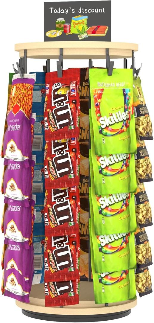Chip Rack Display Stand with 360 Rotation, Wood Snack Display Rack with Message Board, Snack Bag Holder Chip Organizer for Pantry, Counter, Concession Stand, Vendor and Retail Store