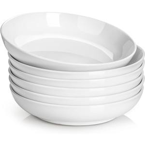 DOWAN 8.5" Pasta Bowls, 32oz Salad Bowls Set of 6, Natural White Ceramic Serving Bowls, Porcelain Plate Bowl Serving Dish Shallow Bowls Set for Kitchen, Microwave Dishwasher Safe