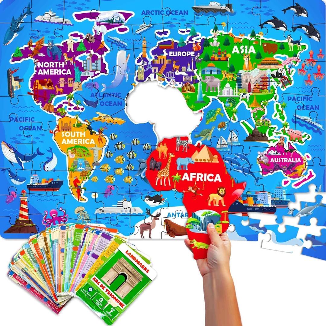QUOKKA World Map Puzzles for Kids Ages 4-6 - 70 Pcs Floor Puzzles for Kids Ages 4-8 Preschool Activities - Includes 50 Cards with 400+ World Facts - Continent-Shaped Jigsaw Puzzle Gift for Girls Boys