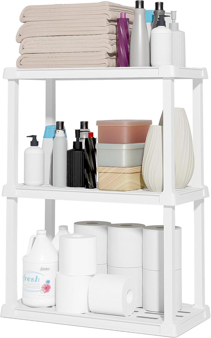 IRIS USA 3-Shelf Light Duty Plastic Storage Shelves, 150lb Capacity, 33" H x 24" W x 12" D, Medium Modular Shelving Unit Storage Organizer for Bathroom, Laundry, Garage & Home, Storage Rack - White
